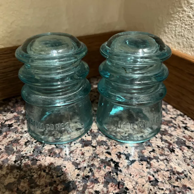 WHITALL TATUM CO. Logo No 3 Light Aqua Blue Vintage GLASS INSULATOR Set Of Two