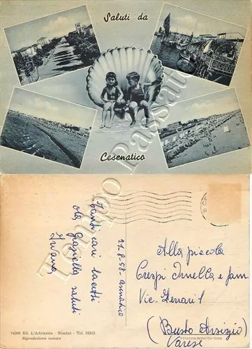 Cartolina Saluti da Cesenatico, bambini e vedutine - Forlì Cesena, 1958
