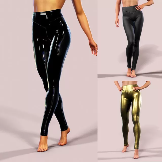 Schwarze Wet Look Leggings aus dehnbarem Kunstleder mit hoher Taille für Damen