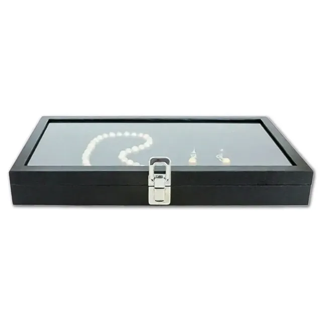 Black Wooden Jewelry Display Case with Glass Top 1.75" Deep