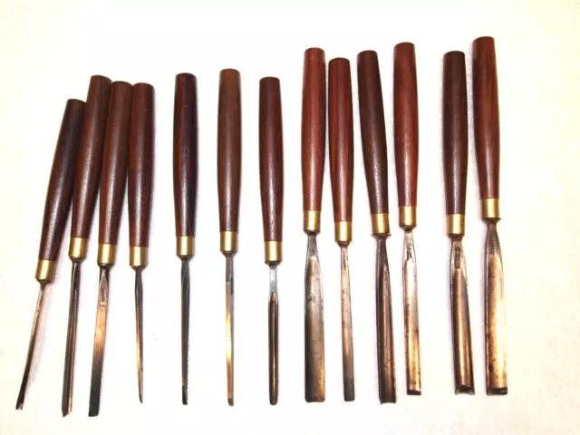 13 English-Made Carving Tools/Chisels In Good Used Condition, Rosewood Handles