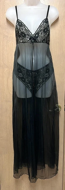 Vintage 70s Petra Fashions Long Slip Nightgown W/panties M Black  Sheer USA Made