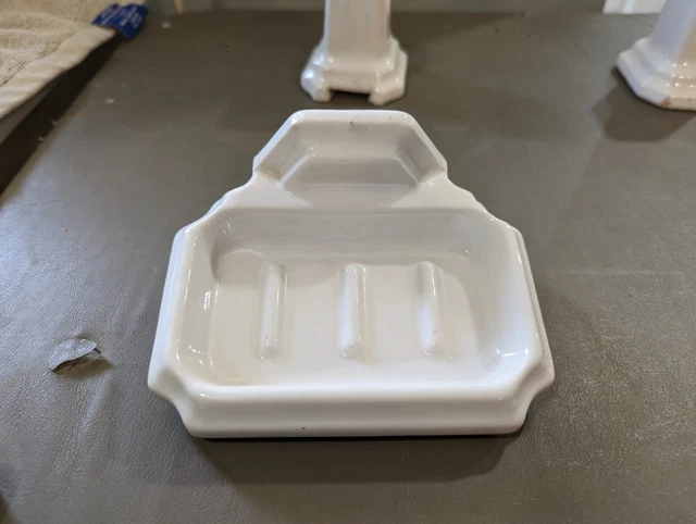 Vintage Porcelain Bathroom Soap Dish Indented Corners Wall Mount