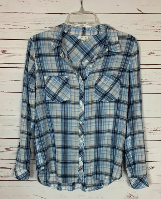 Soft Joie Women's S Small White Blue Navy Plaid Button Long Sleeve Top Blouse