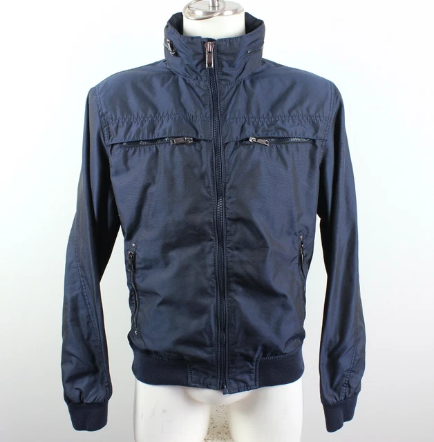 Zara Man Jacket Mens XL Blue Full Zip Coat Casual Hidden Hood Bomber Moto