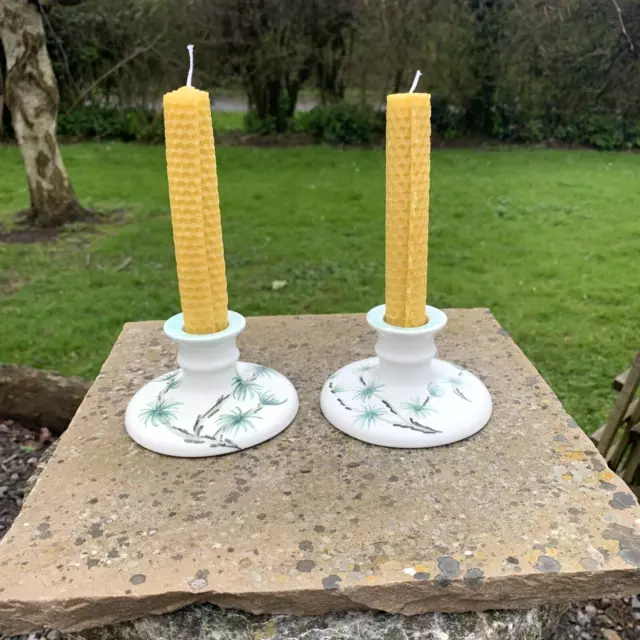 Art Deco Hand Painted Candle Sticks by Radford England c1930s & Bees Wax Candles