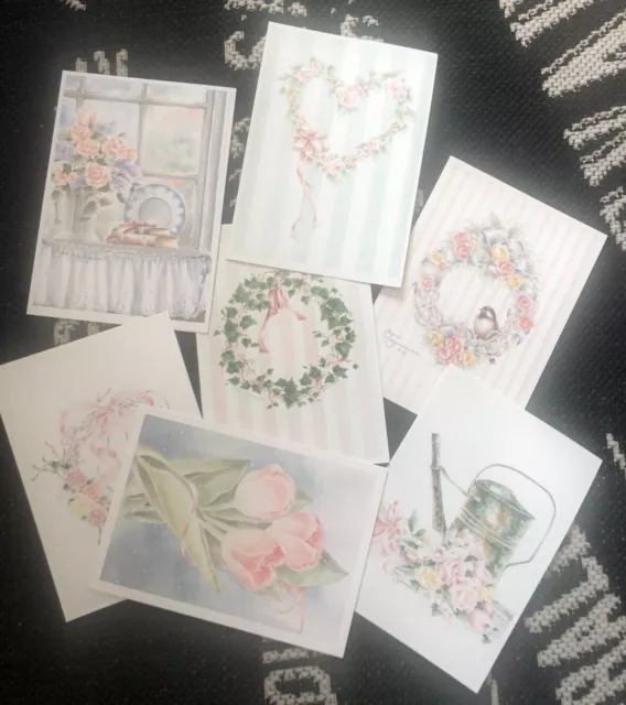 LOT of 7 Vtg FLORAL WREATH BIRD IVY Watercolor Greeting CARDS Suitable to Frame