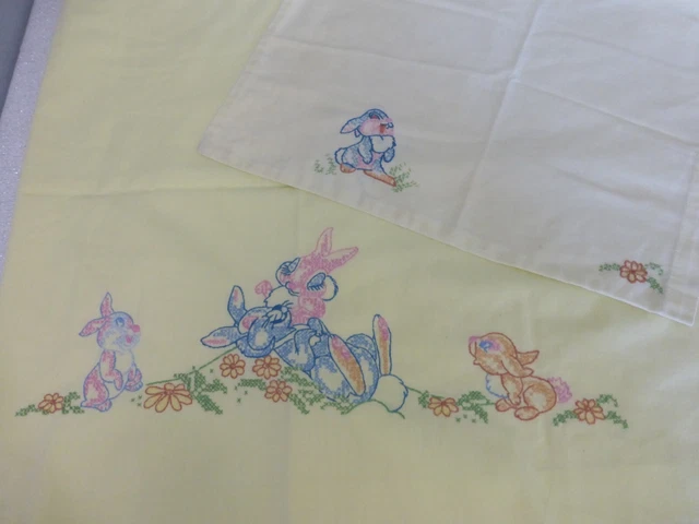 Vintage Embroidered Crib Set Flat Top Sheet Pillowcase Thumper Bambi Disney