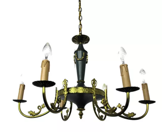 French Empire Pan Chandelier Fish Green Tole Brass 6 arms Hollywood Regency