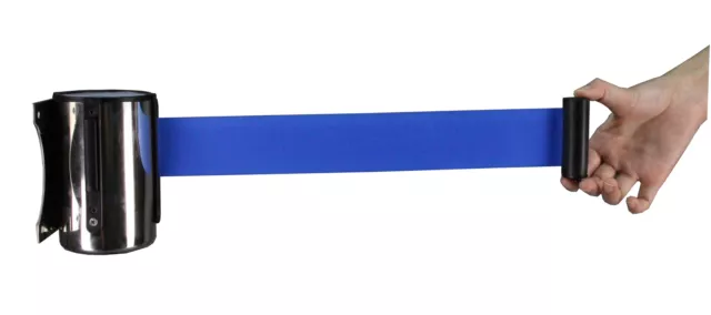 Stanchion Queue Barrier Post Wall Mount Retractable Ribbon 16' Belt BLUE