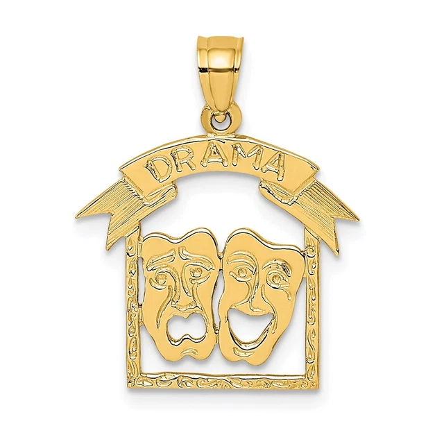 14K Yellow Gold Comedy/Tragedy Drama Story in Frame Charm Pendant Christmas Gift