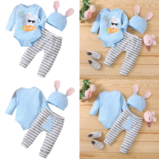 Infant Baby First Easter Outfits Long Sleeve Bunny Romper Pants Rabbit Ears Hat