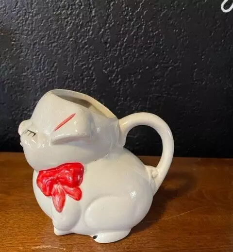 Vintage American Bisque Pottery Little Piggy Red Bow Creamer no chips excellent