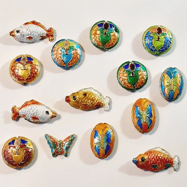 New Cloisonne Flower Goldfish Butterfly Beads Lot of 14 Crafting Beads Supplies