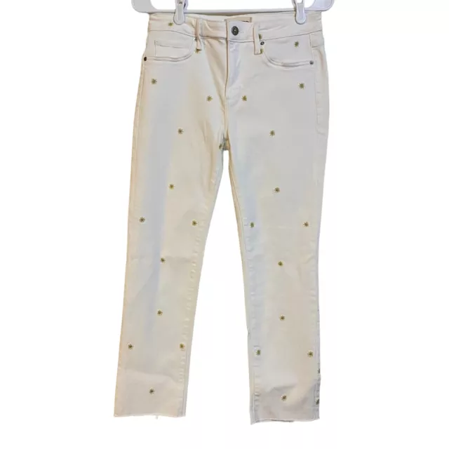 DRIFTWOOD Candace Crop Dizzy Daisy Embroidered Frayed Hem White Jeans Size 26