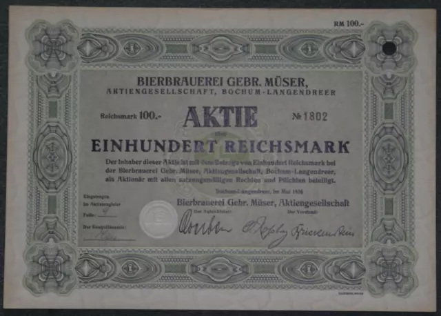 Bierbrauerei Gebr. Müser, Aktiengesellschaft 1936 100 RM