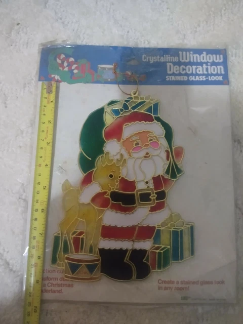 Vtg Crystalline Window Decoration Stained Glass Look Santa Claus Holiday Window