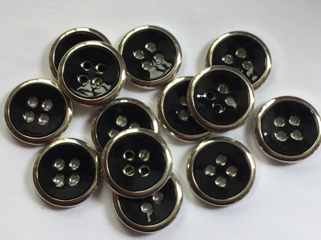 LAST CHANCE 12 Black Silver Metal Look  Rim 30mm 4 Hole GQ Buttons (LC32)