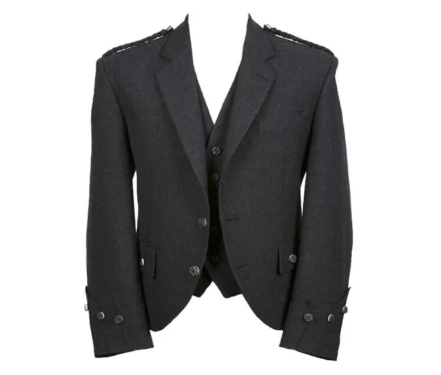 Men's Scottish Highland Charcoal Gray Wool Argyle Kilt Jacket With Waistcoat