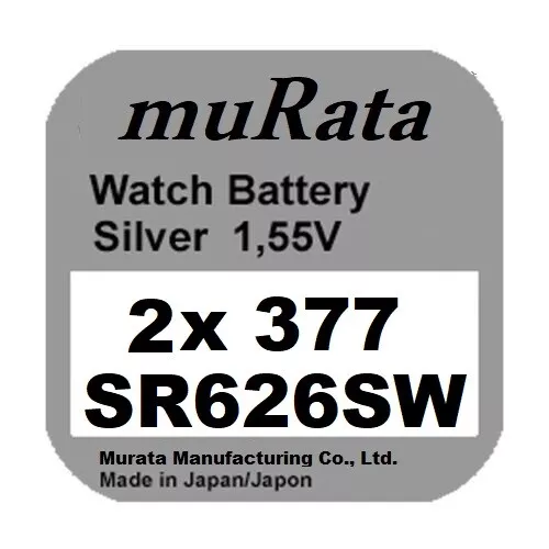 2x Murata/Sony 377 Uhren-Batterie Knopfzelle SR626SW AG4 Silberoxid Blister Neu