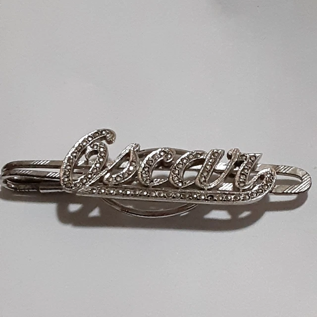 Vintage silver tone monogram Oscar rhinestones tie bar