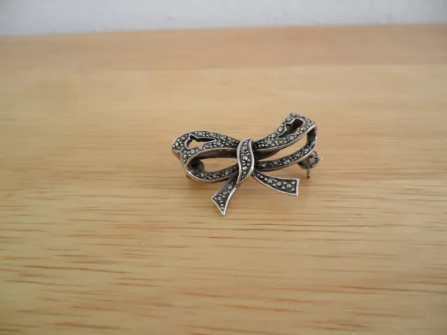 Vintage Sterling Silver Marcasite Bow Brooch Pin - 1950s