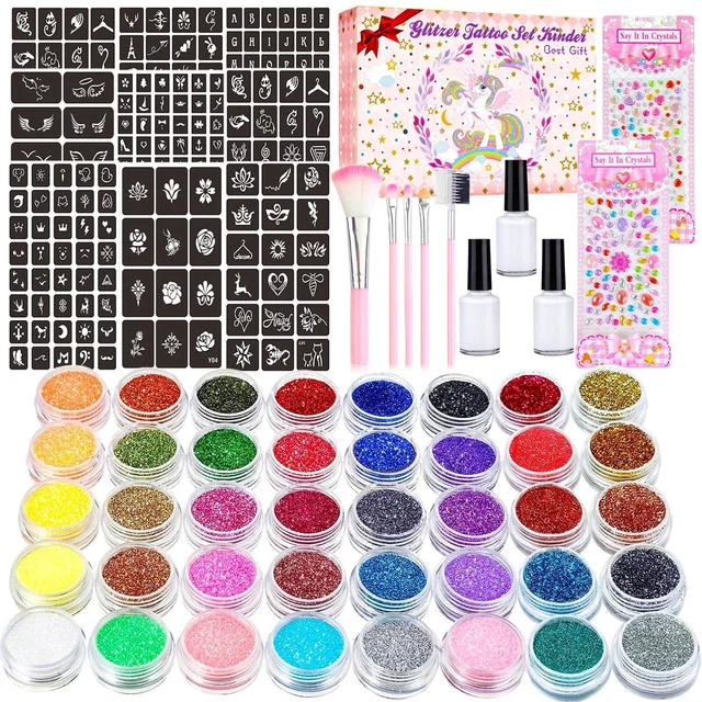 🔥545 Stück Glitzer Tattoo Set Kinder, 40 Farben Glitzertatoos set Kindertattoos