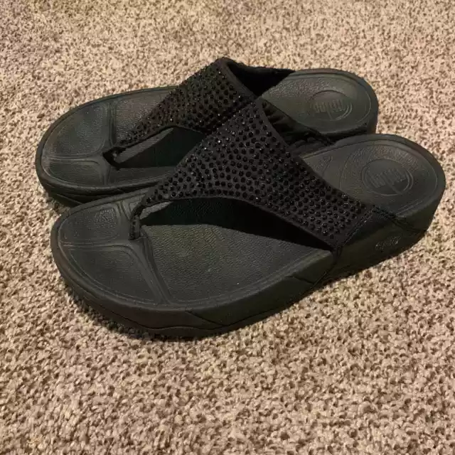 FitFlop Sandals Rhinestone Thong Black ROKKIT BLACK DIAMOND SANDAL Size 6