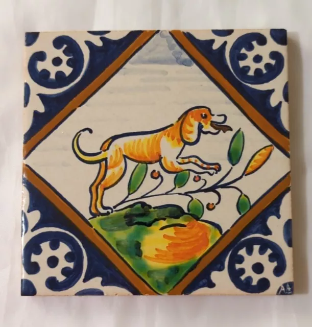 Dutch Polychrome Palmette 5 ½ X 5 ½ Tile Dog