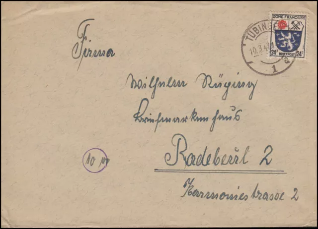 9 Freimarken Wappen 24 Pf als EF auf Brief TÜBINGEN 10.3.1947 nach Radebeul/SBZ