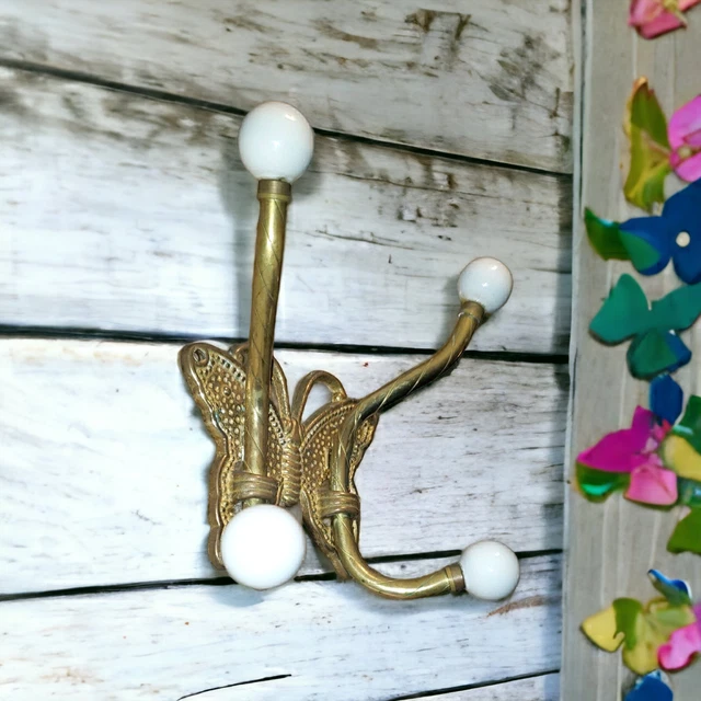 Coat Hanger Hat Hanger Vintage Brass Double Hooks Butterfly Ceramic Knobs