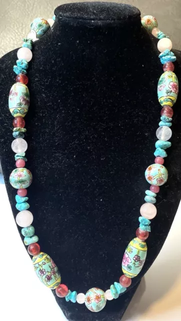 1.330 Vintage necklace, cloisonne beads, turquoise, rose quartz