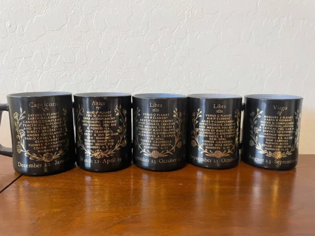 Vintage Federal Glass Zodiac Astrology Coffee Mug Set Black/Gold over Milk Glass