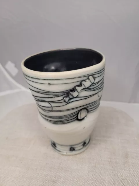 Husby Pottery Vase Cup Geometric Pattern Black Inside Oval Signed 4.75"