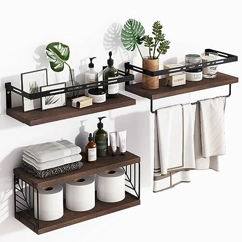 3+1 Tier Wall Mounted Bathroom Shelves Over Toilet, Rustic Wood Dark Brown