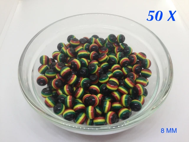 50 X Rasta Rundharz Gestreifte Perlen 8 Mm Top Qualität Schmuckherstellung Armband B