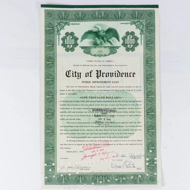 1941 City of Providence $1000 Public Improvement Bond Certificate Rhode Island