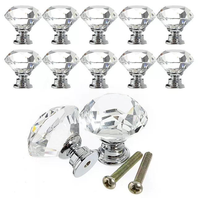 10Pcs Crystal Glass Cabinet Knob Diamond Shape Drawer Cupboard Handle Pull 30mm