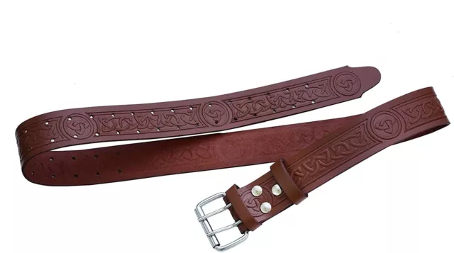 Leather Utility Kilt Belt | Scottish High Land Wear | Brown Embossed Buckle set