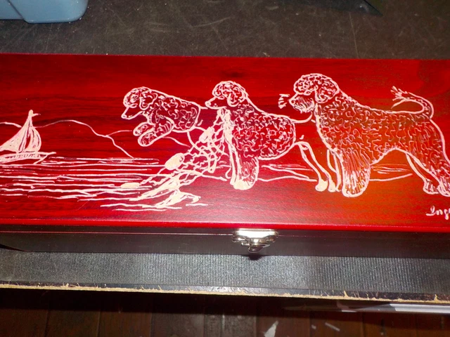 Portuguese water dog hand carved and signed wooden wine box