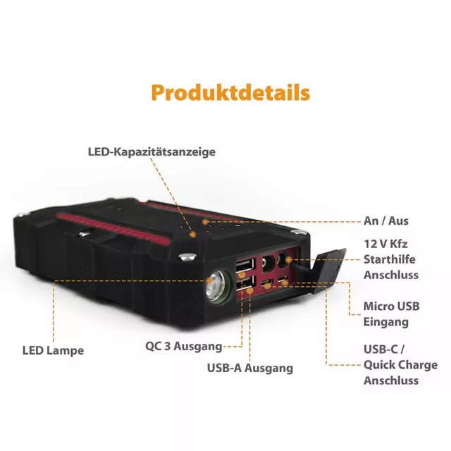 revolt Powerbank & Kfz-Starthilfe, QC 3.0, USB Typ C PD, 12 Ah, 1.200 A, IP68