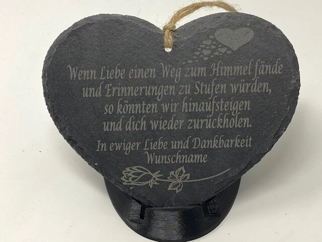SCHIEFERHERZ HERZ mit Spruch Gravur Schiefer Grabstein Trauer Grabdeko
