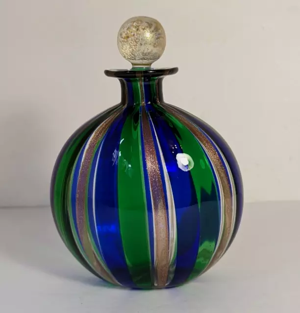 Murano Bucella Cristalli Stripes Blue Green Copper Glass Large Perfume Bottle