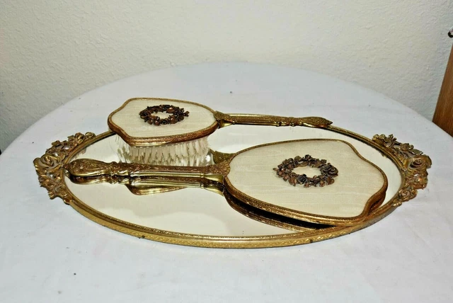 Vintage ornate metal Victorian Mirror with BRUSH dresser Vanity set - Roses EUC