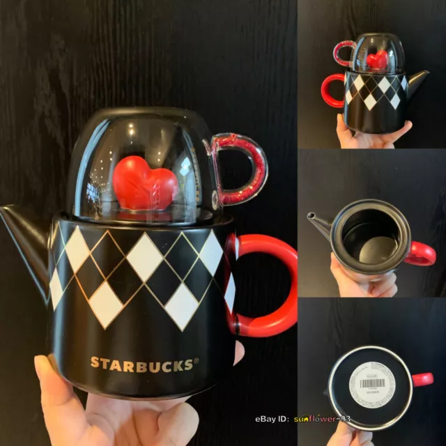 Starbucks Checkered Teapot with Heart Lid and Glass Cup Set – Ann