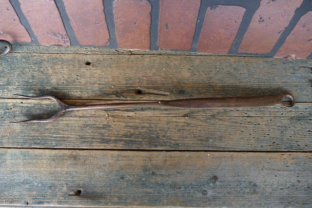 antique primitive hand forged wrought iron meat flesh fork with makers mark 18"