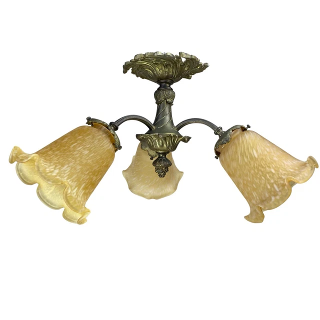 Lustre Ancien Français Art Nouveau – Bronze Doré, 3 Tulipes Verre Dépoli, Fin XIXe