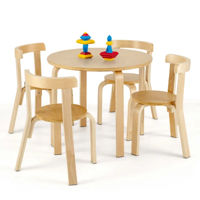 5-Piece Kids Wooden Curved Back Activity Table & Chair Set w/Toy Bricks Natural