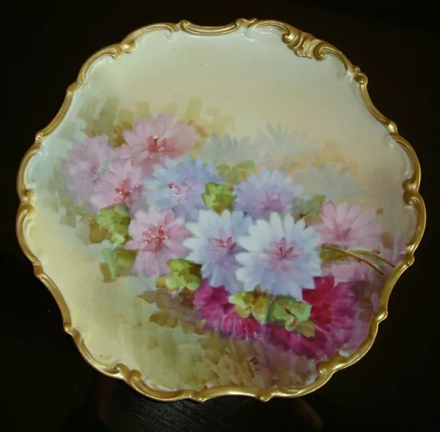 Antique Limoges Flambeau Hand Painted Signed Floral Plate, Flowers & Gold, 10"