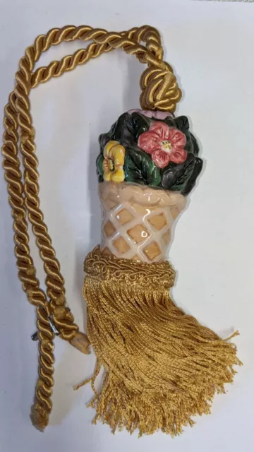 Vintage Porcelain Ice Cream Cone Filled with Flowers Gold Silk Curtain Tie Back